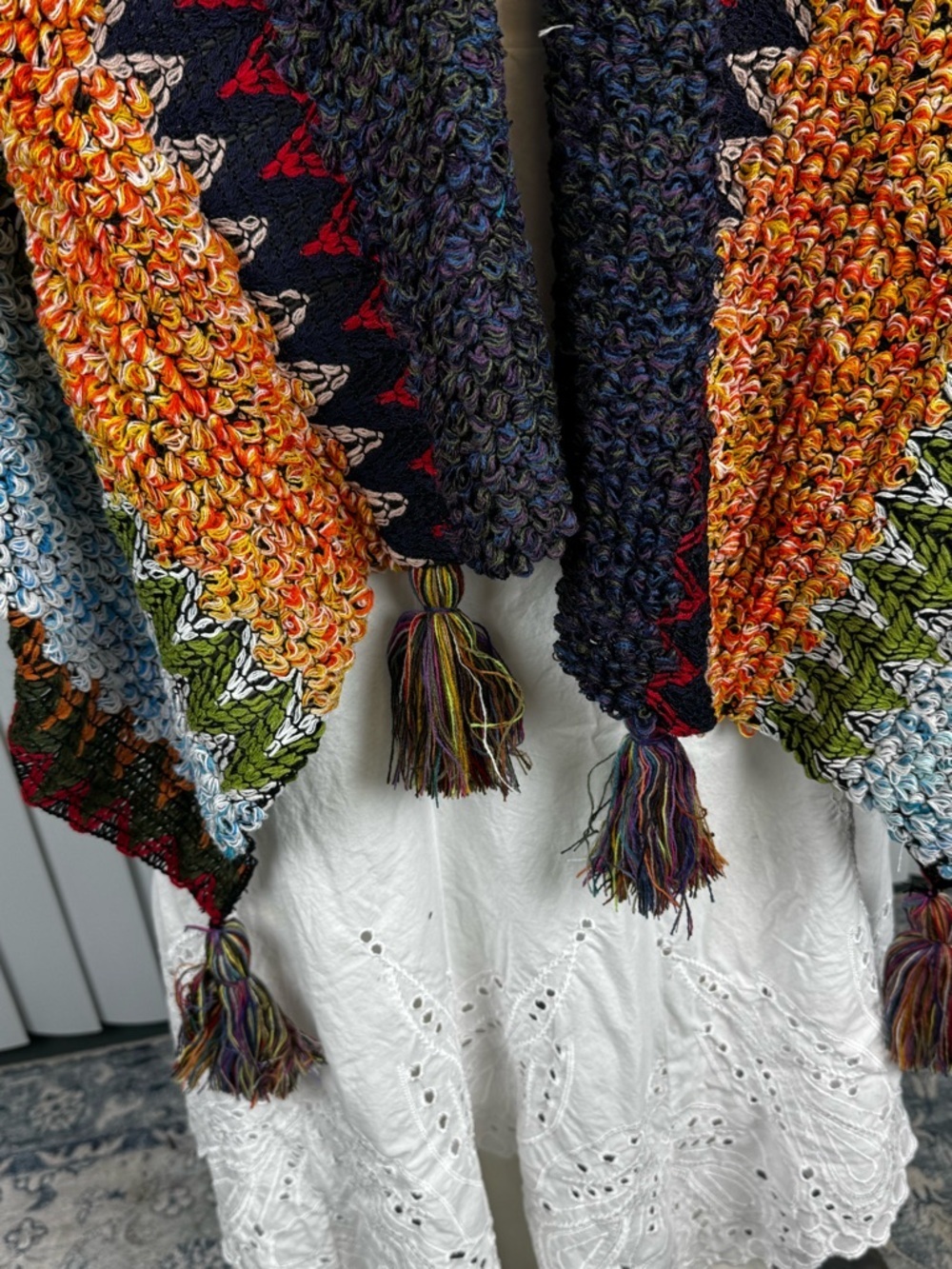 Colorful Crochet Patterned Ruana Shawl – Boho Tassel Wrap – NWOT - Picture 6 of 9